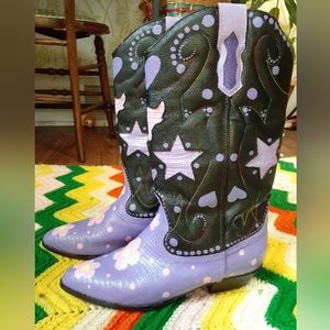 Lavender & Black Embroidered Star Patch Heeled Cowboy Boots